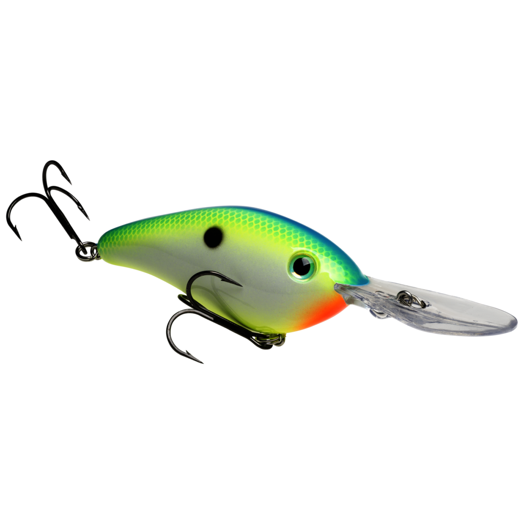 Deep-diving crankbait, cleanly presented. Specially designed to explore the deepest layers of the water, this lure targets fish such as pike and walleye. Variations in hue on the lure catch the light, illustrating its realistic movement and making it a strategic choice for deep-water fishing.