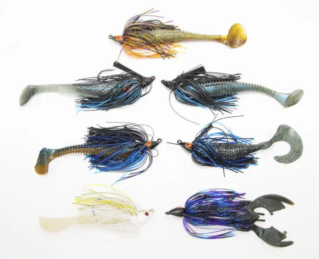 Different type of swim jig used for bass and pike fishing.