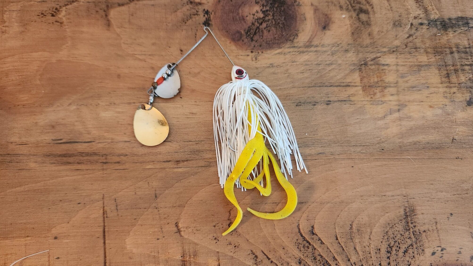 Spinnerbait lure with colorado spoon. White silicone skirt. Yellow four-tail worm leader.