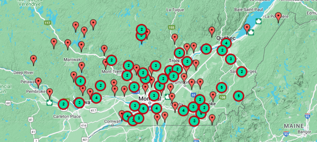 Map of bass fishing areas in Quebec